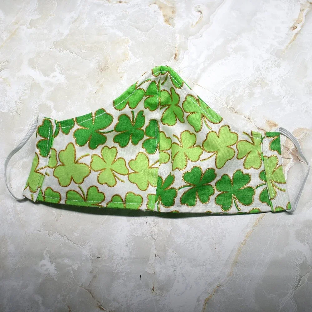 HAND CRAFTED Face Mask Green Shamrock Adult Cloth Fabric Print - Shield Style